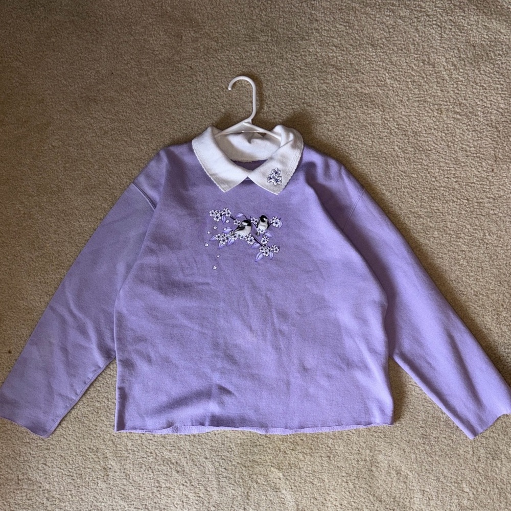 Vintage Chickadees Embroidered Collared Sweatshirt Floral Womens L Purple Crop